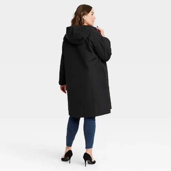 Womens Black Nylon Hooded Button-Down Long Rain Coat Ava & Viv Plus Size 2x 2xl - Picture 2 of 3